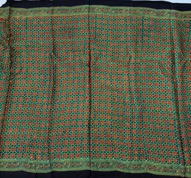 Ajrakh hand block printed modal silk saree | Dark Green | Ships from California